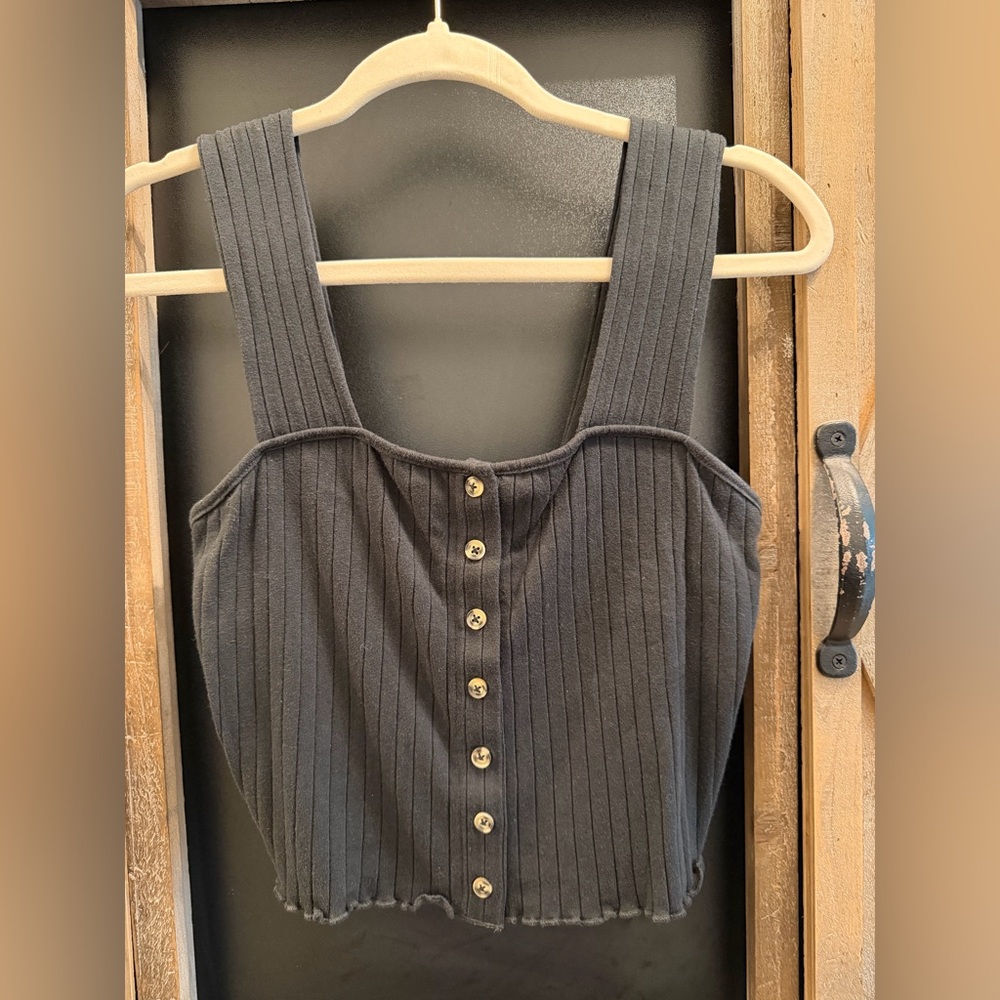 Billabong Black Ribbed Button-Front Crop Tank